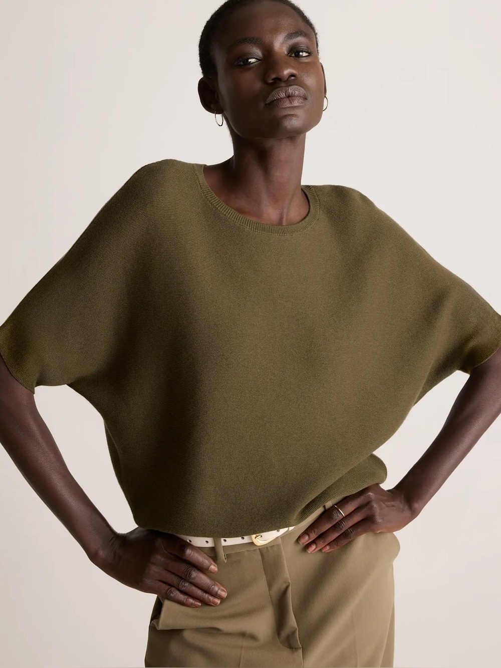 Quince Lightweight Cotton Cashmere Link-Stitch Dolman Sweater Olive NWT Large